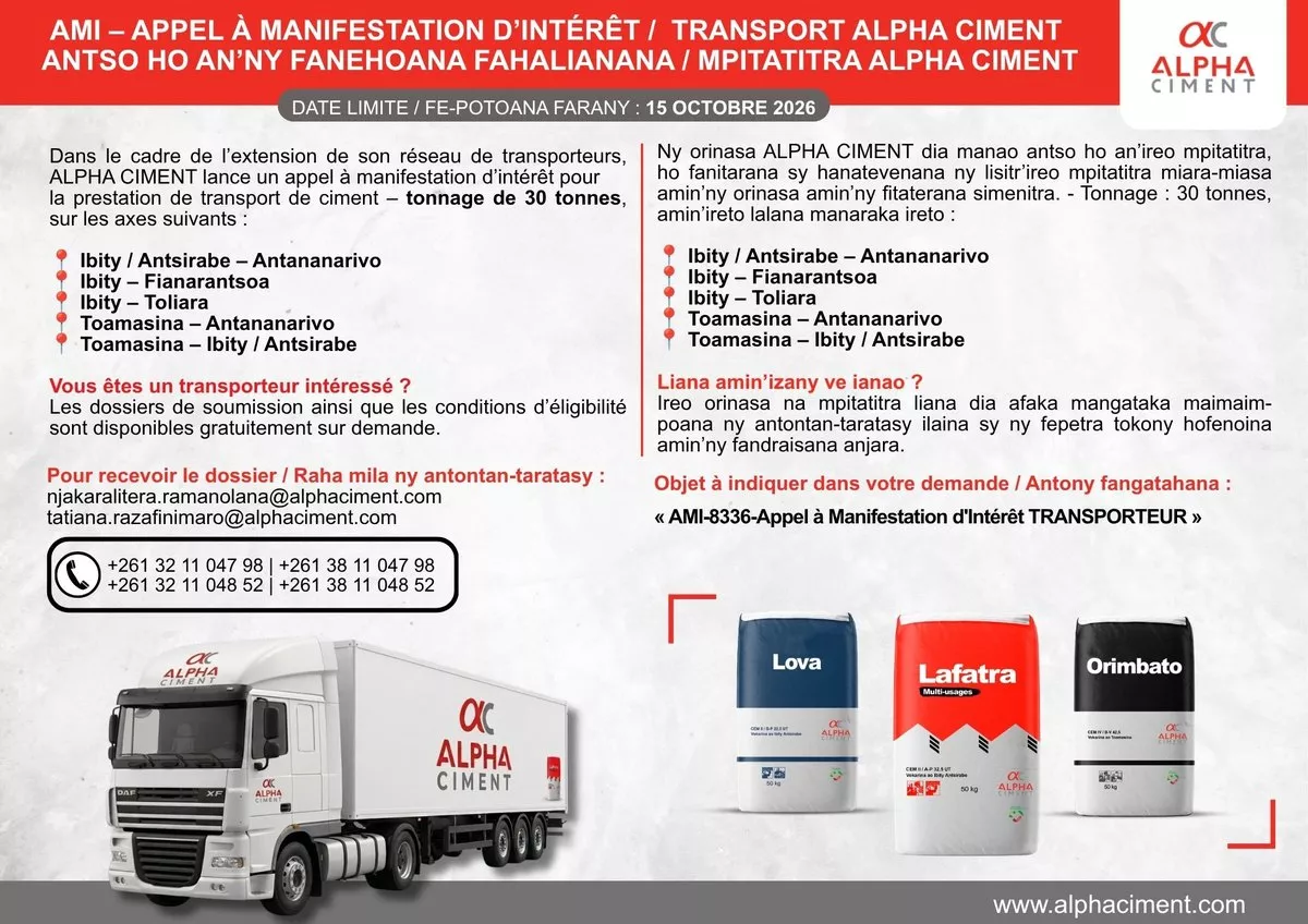 Appel à manifestation d'intérêt – Transporteurs de ciment